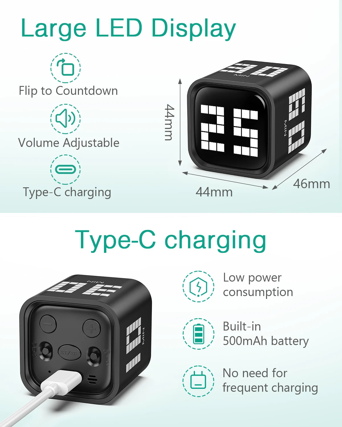 Flip Motion Digital Timer, 3 Mode Loud/Vibrate/Silent Countdown Timer, USB-C Rechargeable, for Kitchen Study Workout ADHD Focus