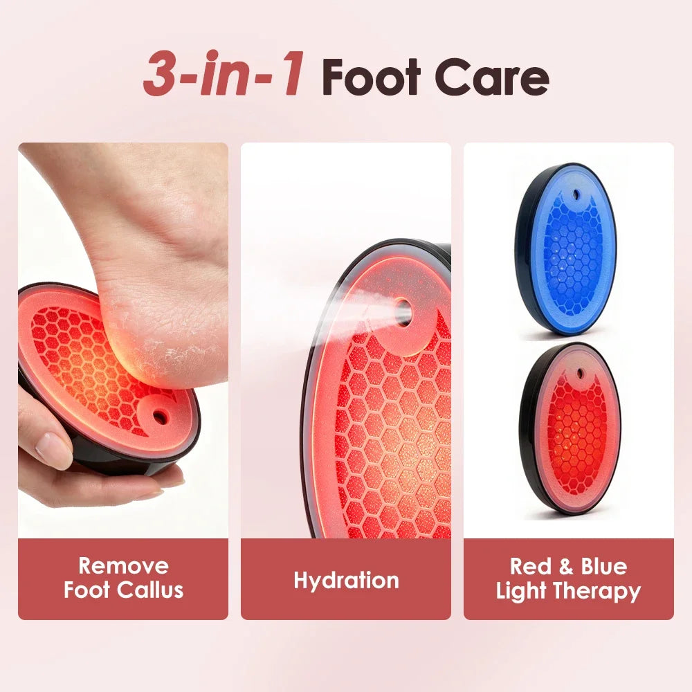 Hydrating Electric Foot Grinder Red Blue Light Therapy Foot Callus & Dead Skin Remover USB Rechargeable Spraying Pedicure Tool