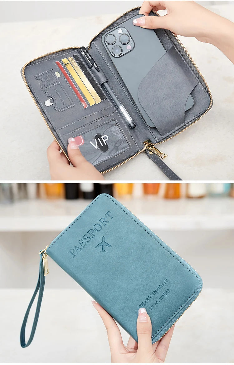 RFID Blocking Passport Holder Travel Wallet with Wrist Strap, Multi-Card Pockets & Zipper Closure
