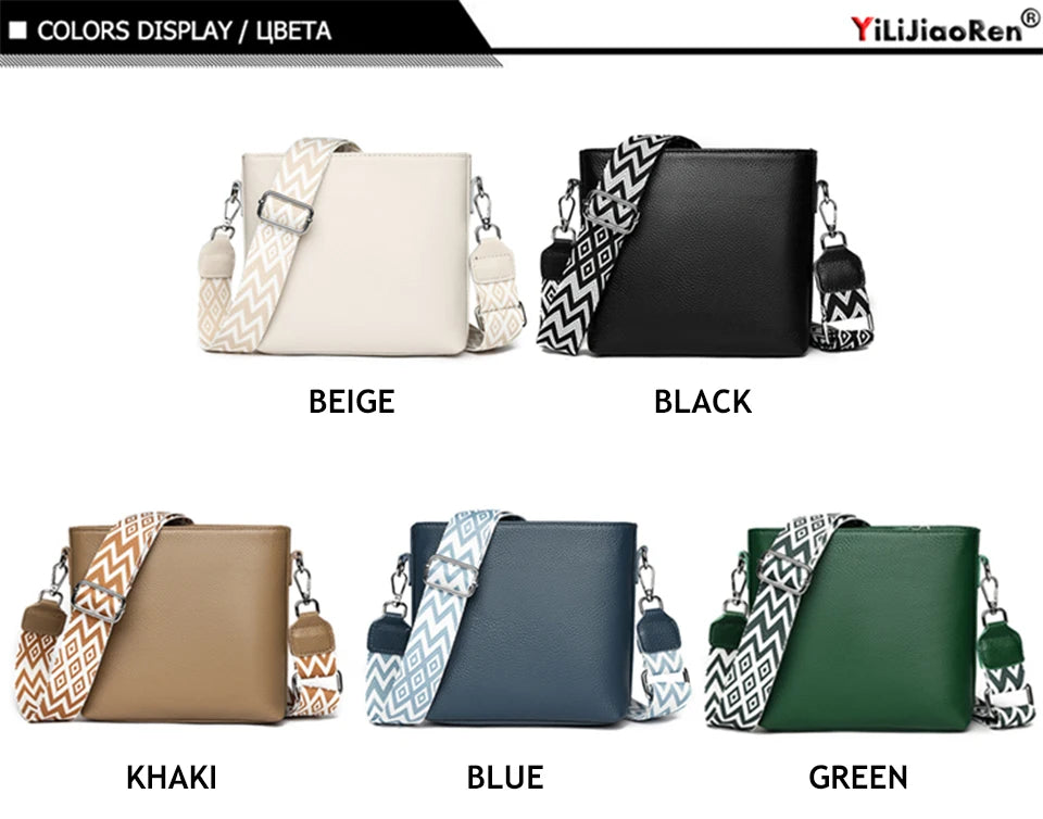 100% Genuine Leather Crossbody Bag Women Fashion Wide Strap Shoulder Bag Ladies Cowhide Messenger Bag Small Handbag and Purse