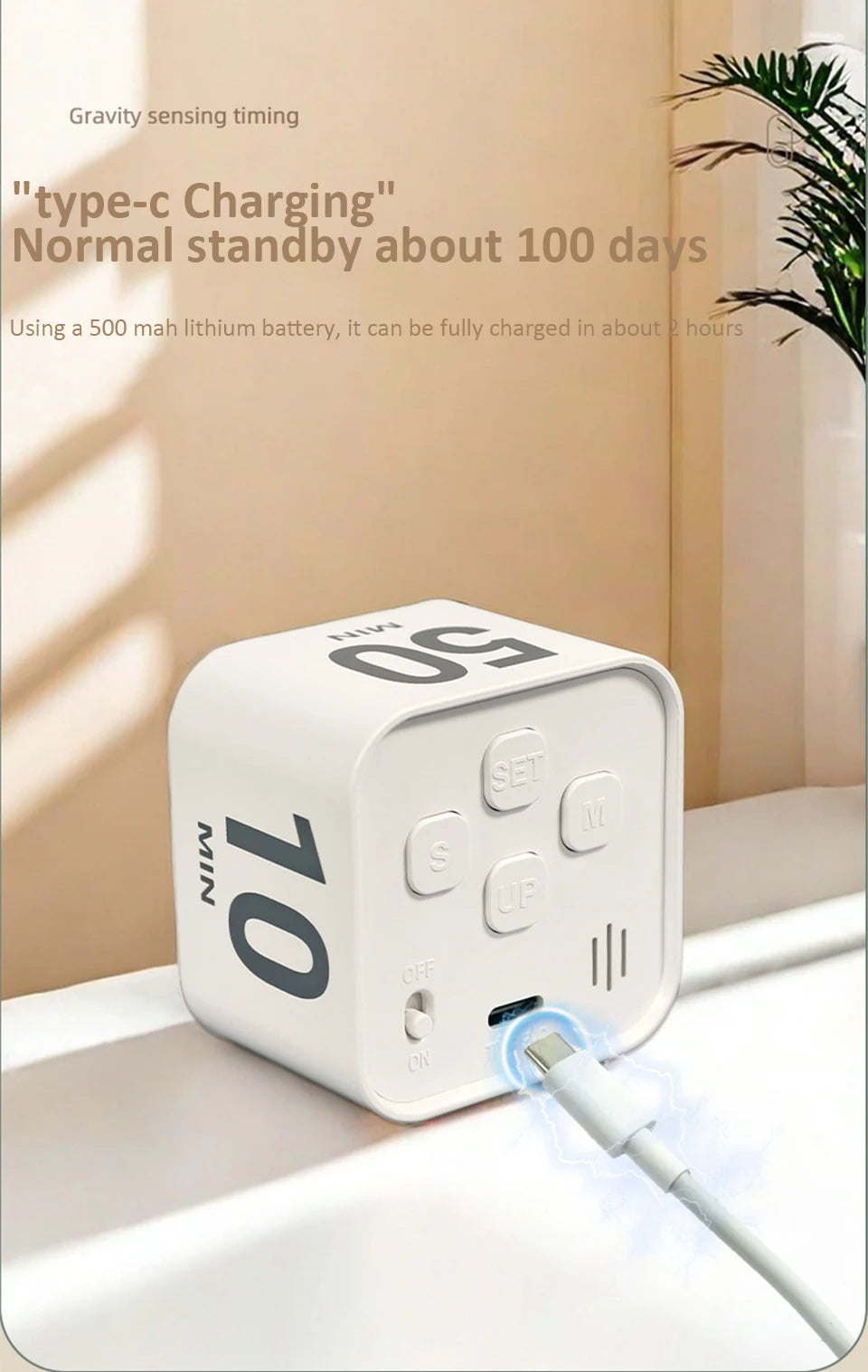 Digital Visual Timer Gravity Sensor Flipping LED Display 4 Preset Time Rechargeable Mini Cube Timer for Cooking Study Shower