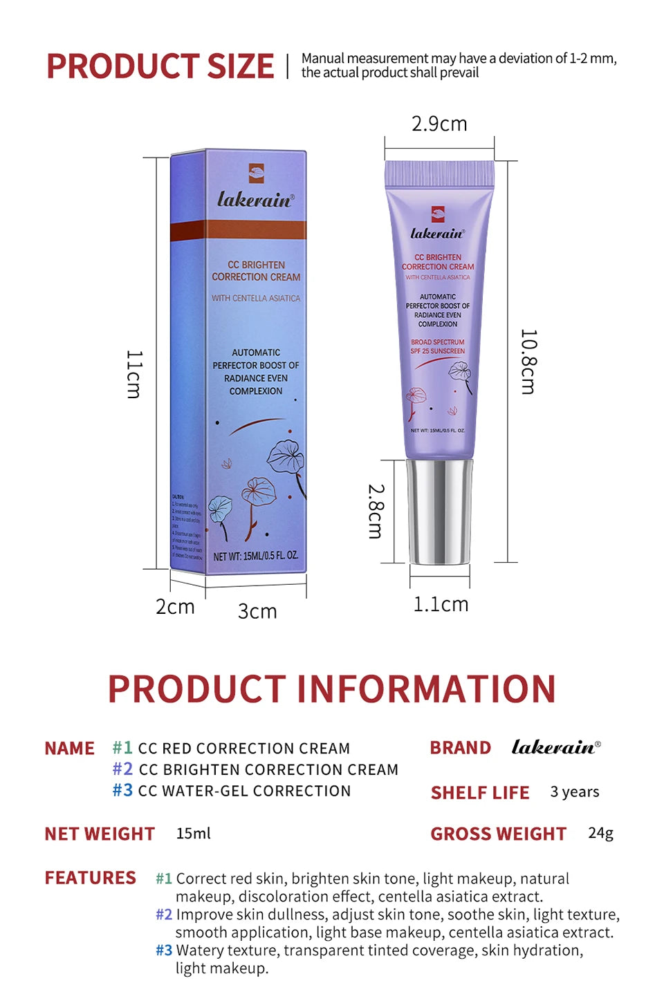 CC Red Correction Cream Liquid-Based Full Coverage Cream Waterproof Long-Lasting Correct Redness Foundation Korean Face Cosmetic