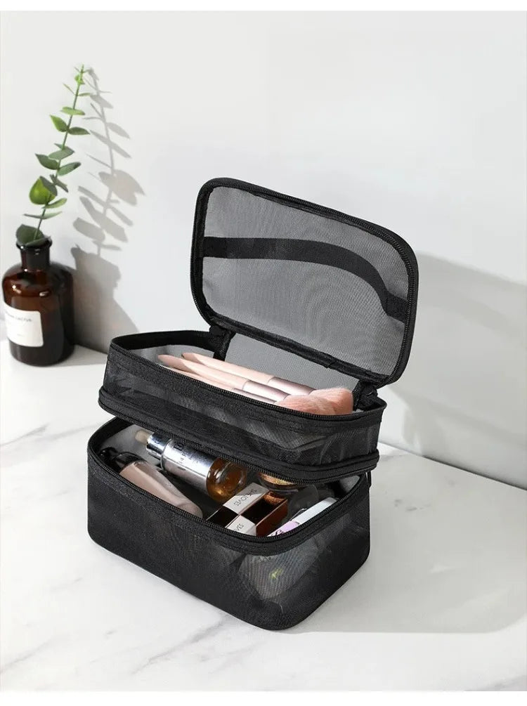 Bathroom Travel Mesh Makeup Storage Bag Cosmetics Make Up Skincare Organizer Box Plastic Container Handbag For Women Men