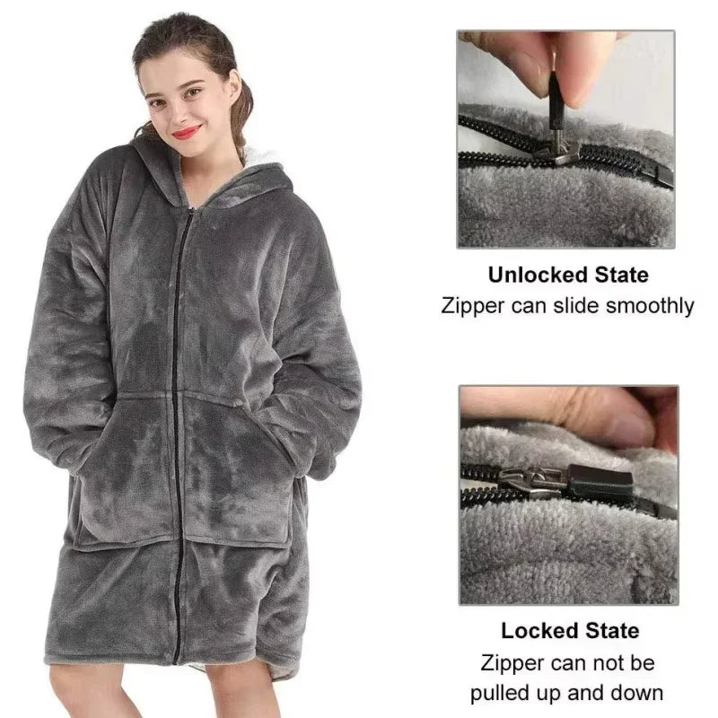 Hoodie Oversized Wearable Blanket Deep Pocket Comfy Sleeves Front Zipper Deluxe Fleece Sweatshirt Blanket Winter Blanket