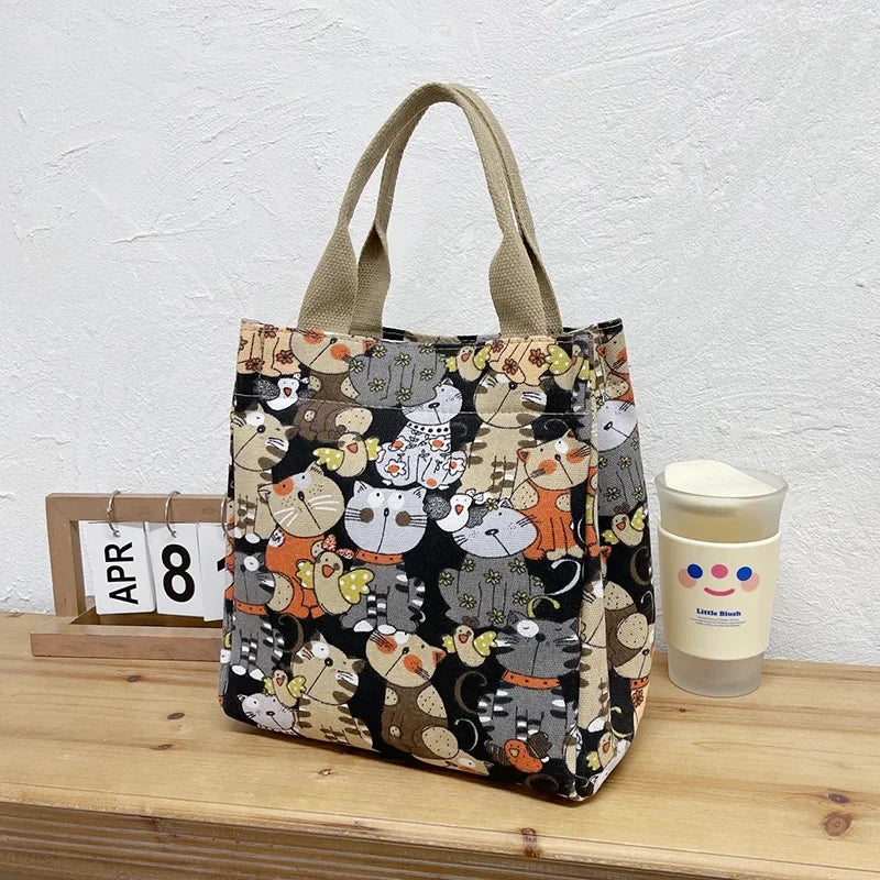 Fashion Fashionable Top-handle Bag with Cute Cat Pattern Portable Bag for Women Retro Art Hand Bag Shopping