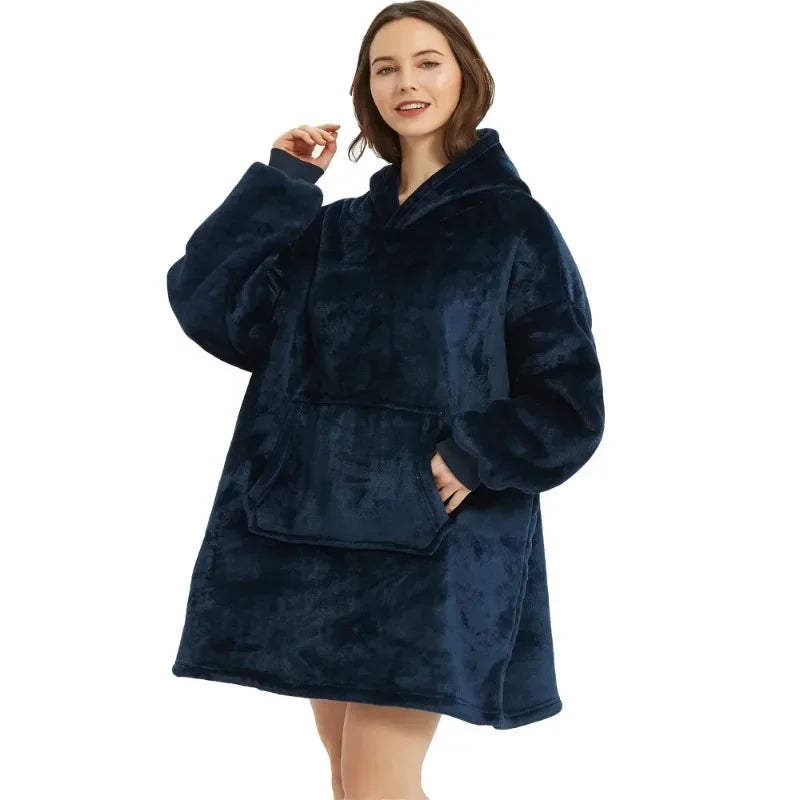 Winter Blanket Hoodie Oversized Warm Wearable Blankets 850grams Microfiber Plush Pullover Robe Fleece Blanket Sweatshirt Women