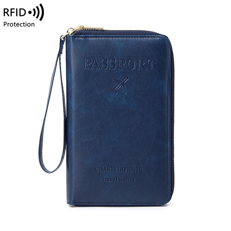 RFID Blocking Passport Holder Travel Wallet with Wrist Strap, Multi-Card Pockets & Zipper Closure