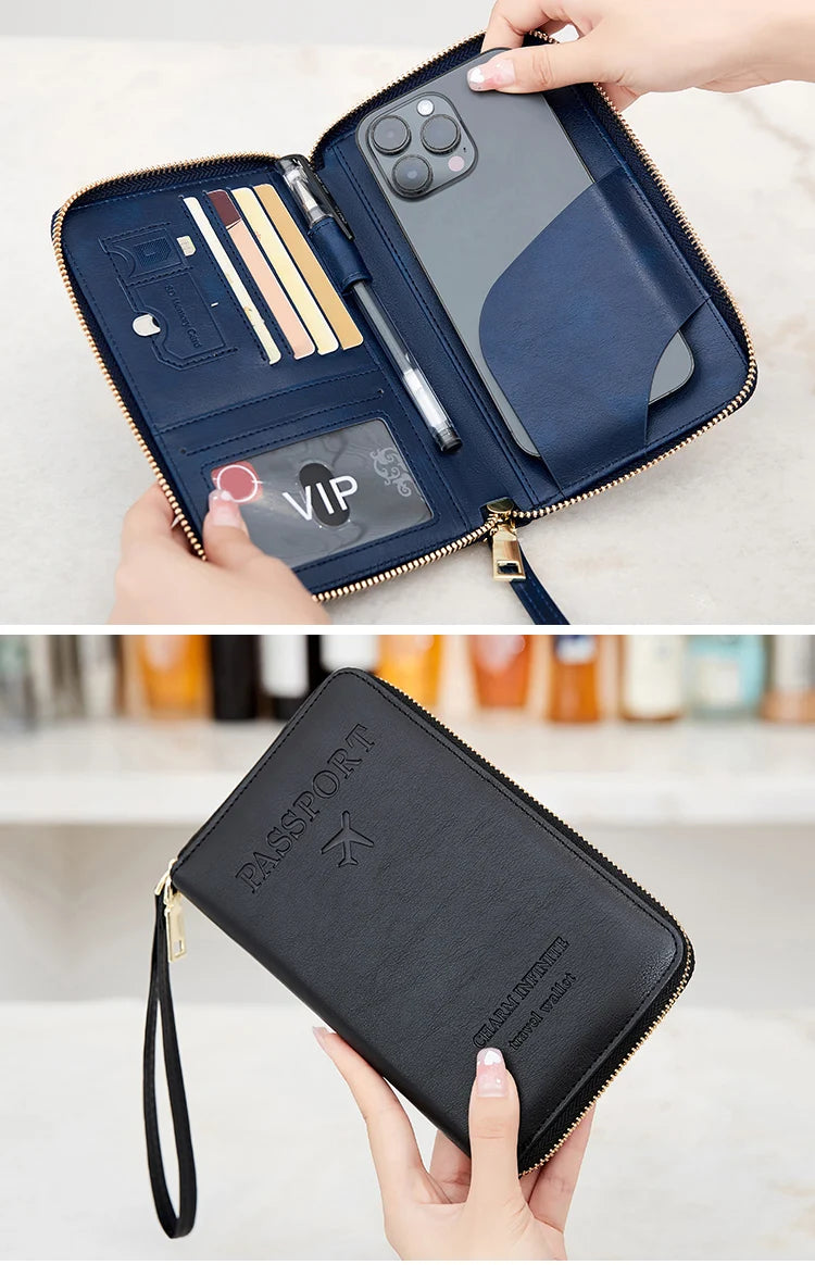 RFID Blocking Passport Holder Travel Wallet with Wrist Strap, Multi-Card Pockets & Zipper Closure