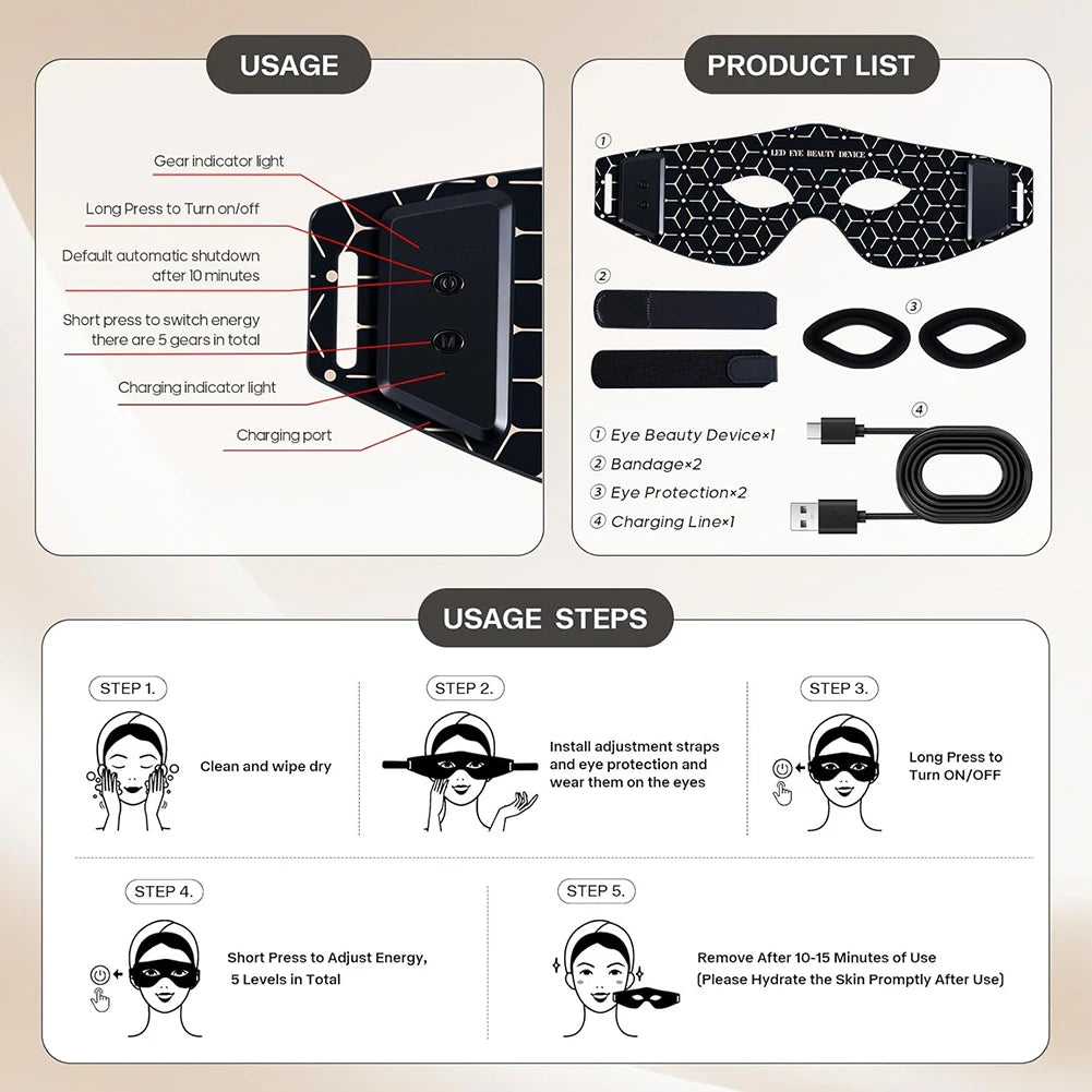 LED Eye Mask LED Red Infrared Light Therapy 630nm 850nm with 5 Modes Adjust Massage for Relieve Eye Bag Dark Circle Massages