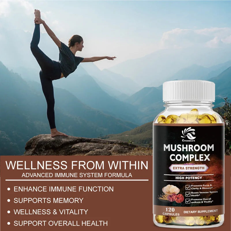Lion Mane Cordyceps Mushroom Complex Supplement for Nootropic Brain Memory & Focus Immune & Stress Relief