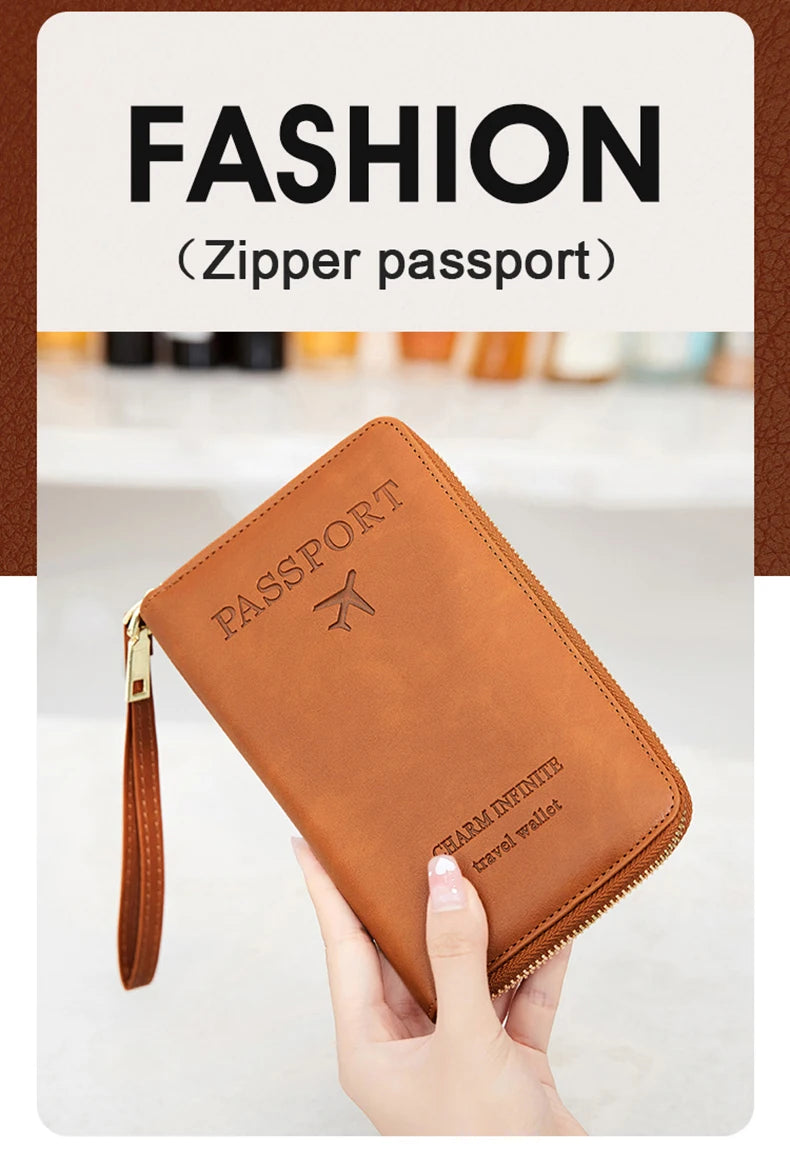 RFID Blocking Passport Holder Travel Wallet with Wrist Strap, Multi-Card Pockets & Zipper Closure