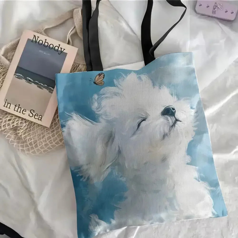 Maltese Dog Storage Bags Double-Sided Printed Canvas Tote Bag Eco-Friendly Reusable Large Capacity Handbag