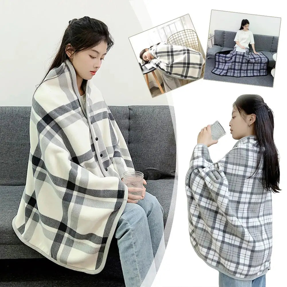 Wearable Plaid Fleece Blanket With Button Winte Warm Throws On Sofa Bed Travel Thicken Bedroom Office Air Conditioning Blanket ﻿