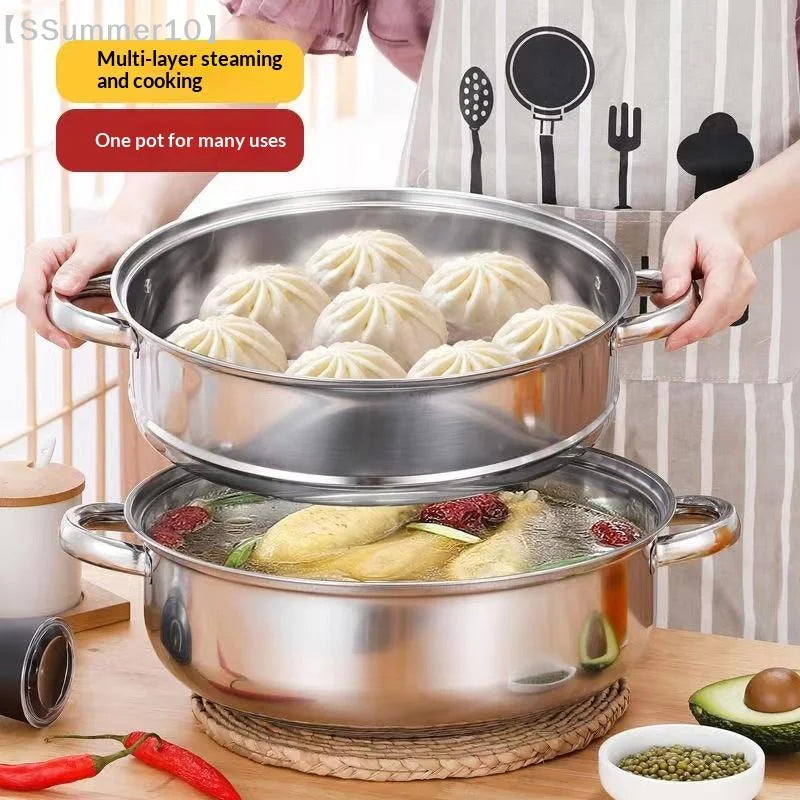 【SSummer10】Stainless Steel Single Double-Layer Steamer Basket - Thickened Pot Steaming Grid Rack for Home Cooking【SS】