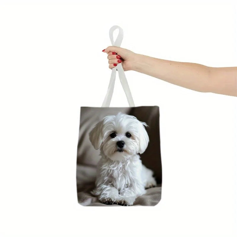 Stylish White Maltese Dog Print Tote Bag Durable Polyester Large Capacity, Comfortable Travel Bag for Women Grocery Shopping Bag