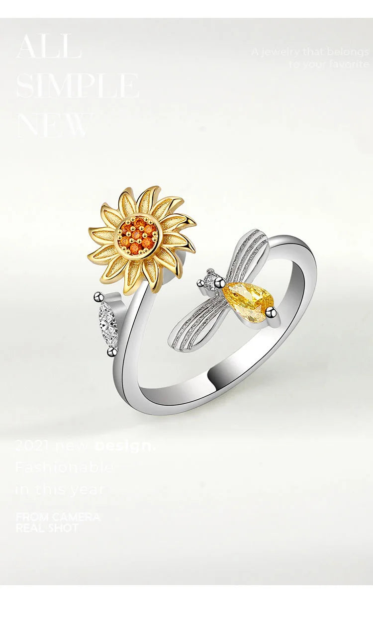 VENTFILLE 925 Sterling Silver Sunflower Diamond Zircon Rotatable Ring For Women Gift Relieve Stress Ring Jewelry Wholesale