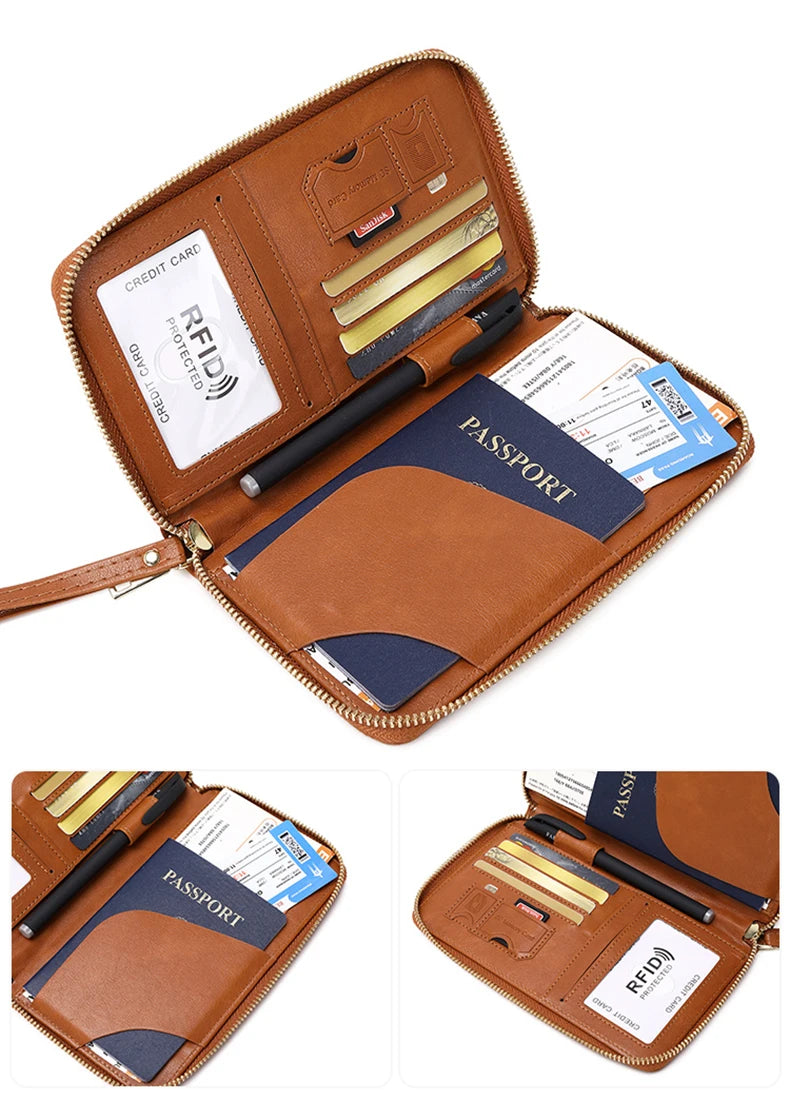 RFID Blocking Passport Holder Travel Wallet with Wrist Strap, Multi-Card Pockets & Zipper Closure