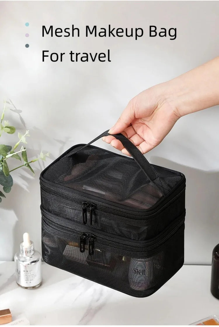 Bathroom Travel Mesh Makeup Storage Bag Cosmetics Make Up Skincare Organizer Box Plastic Container Handbag For Women Men