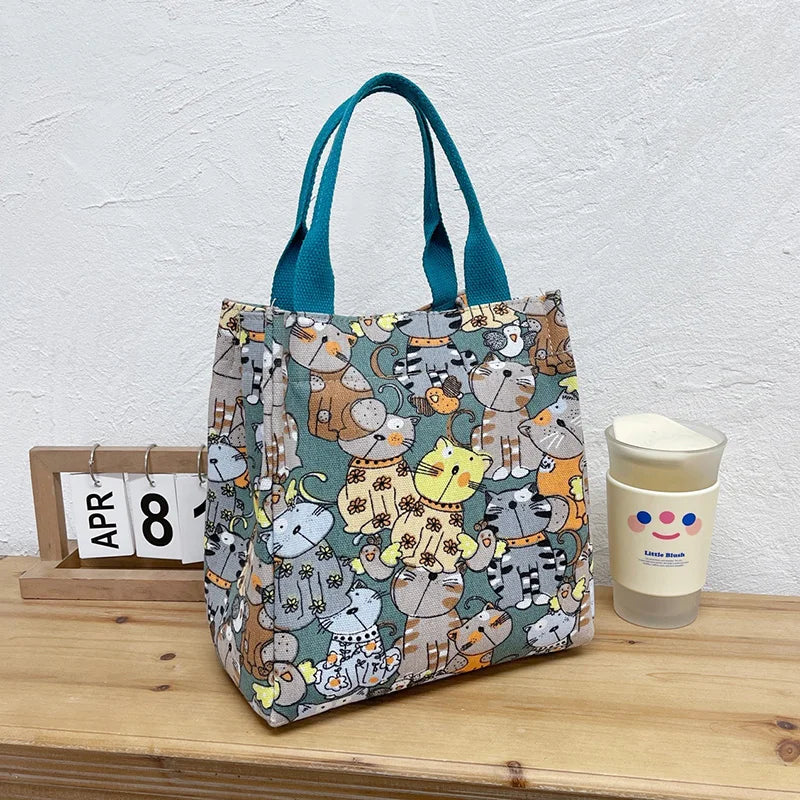 Fashion Fashionable Top-handle Bag with Cute Cat Pattern Portable Bag for Women Retro Art Hand Bag Shopping