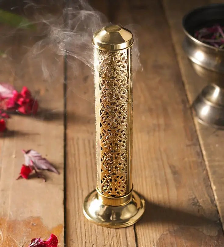 Premium Solid Brass Incense Burner Multi-Hole Stick Holder with Round Ash Catcher Tray for Home Fragrance and Meditation
