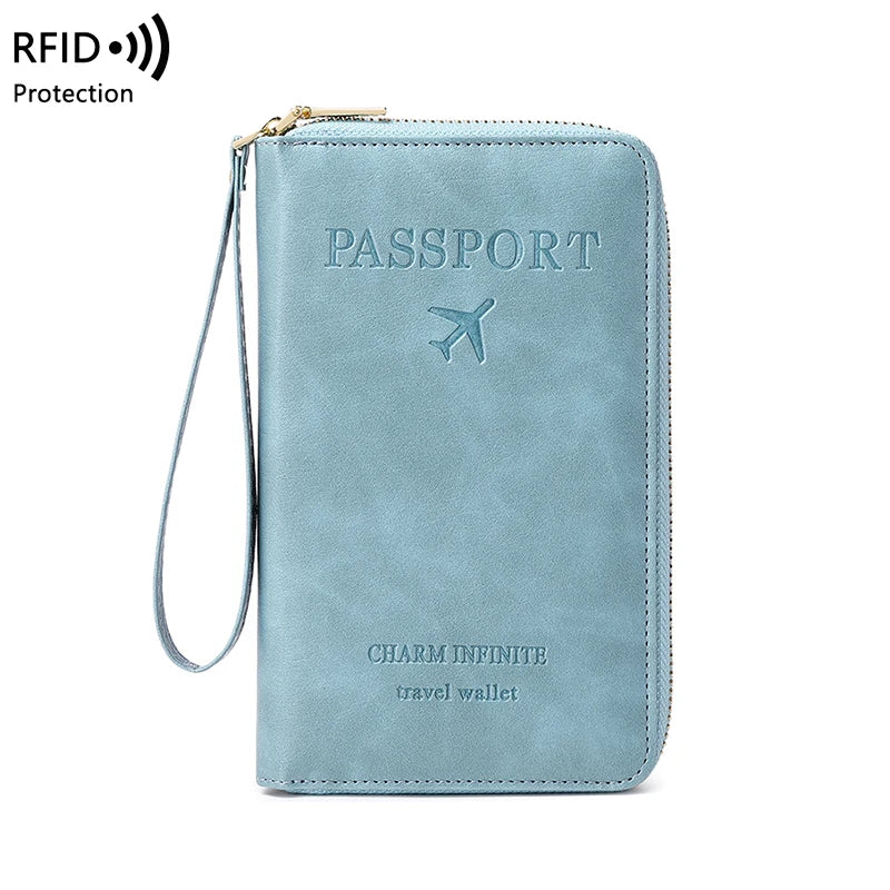 RFID Blocking Passport Holder Travel Wallet with Wrist Strap, Multi-Card Pockets & Zipper Closure