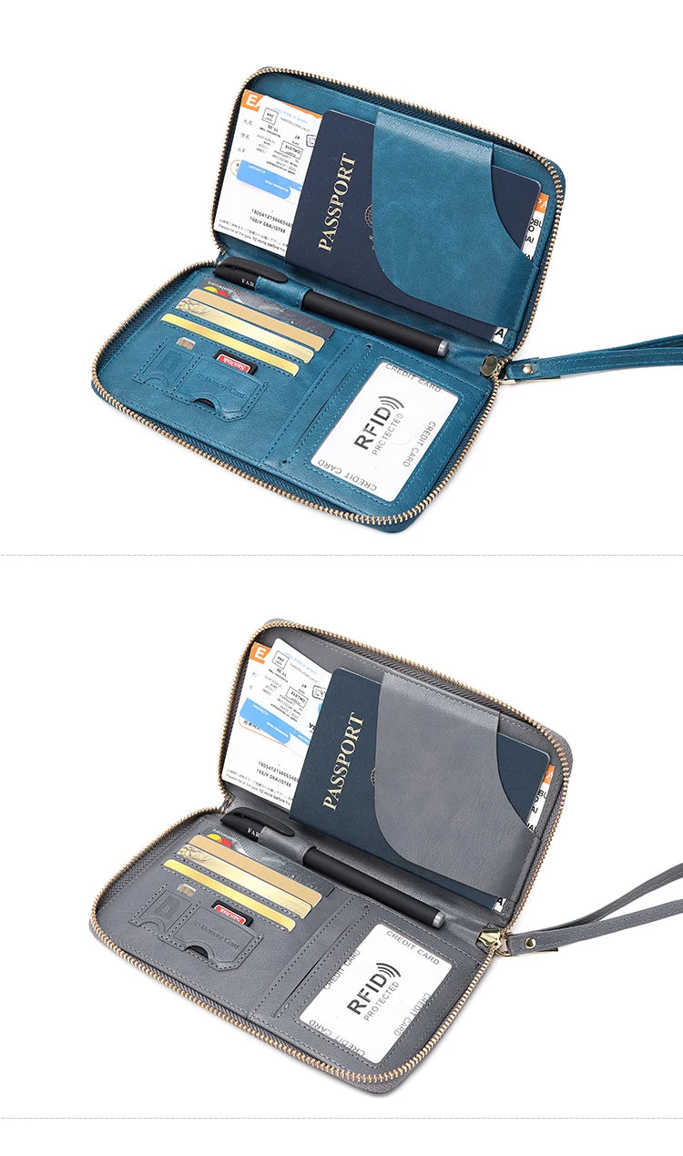 RFID Blocking Passport Holder Travel Wallet with Wrist Strap, Multi-Card Pockets & Zipper Closure