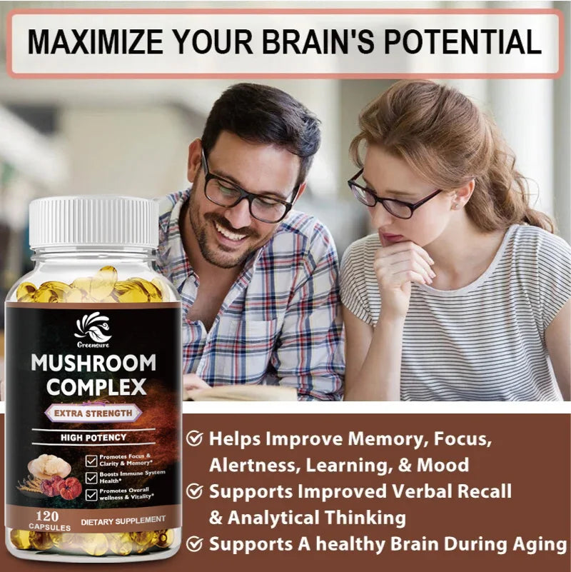 Lion Mane Cordyceps Mushroom Complex Supplement for Nootropic Brain Memory & Focus Immune & Stress Relief