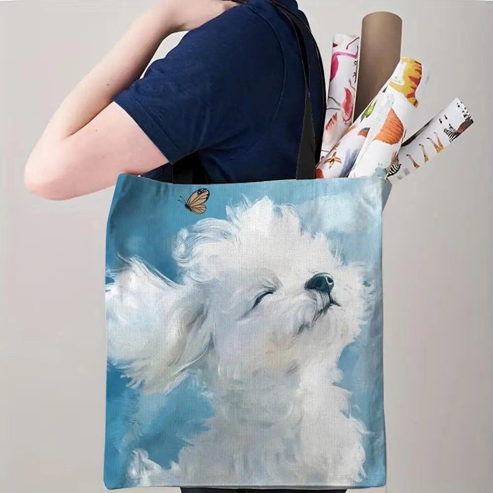 Maltese Dog Storage Bags Double-Sided Printed Canvas Tote Bag Eco-Friendly Reusable Large Capacity Handbag