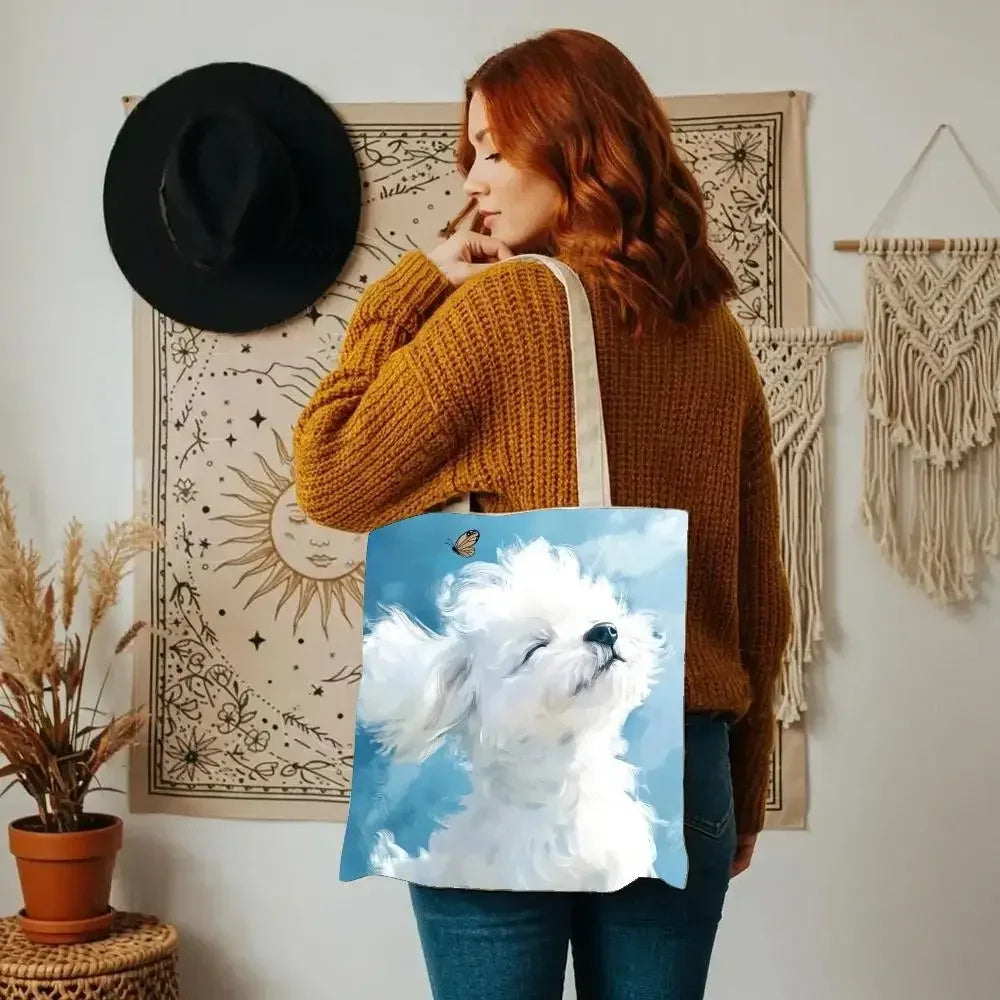 Maltese Dog Storage Bags Double-Sided Printed Canvas Tote Bag Eco-Friendly Reusable Large Capacity Handbag