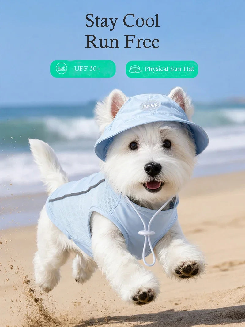 New Pet Dog Summer Vest with Cap Cooling Breathable Sun Protective UV Shirt for Dogs&Cats，Lightweight Outdoor Pet Clothes Set