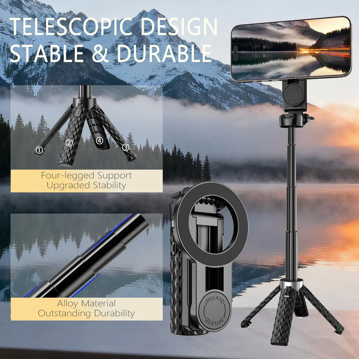 4-in-1 Multifunctional Magnetic mini Selfie Stick Wireless Bluetooth Control with 360° Rotation for Selfies Video Record