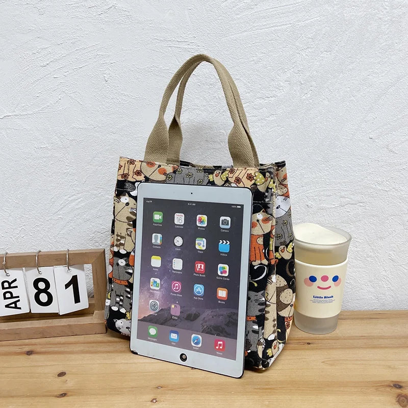 Fashion Fashionable Top-handle Bag with Cute Cat Pattern Portable Bag for Women Retro Art Hand Bag Shopping