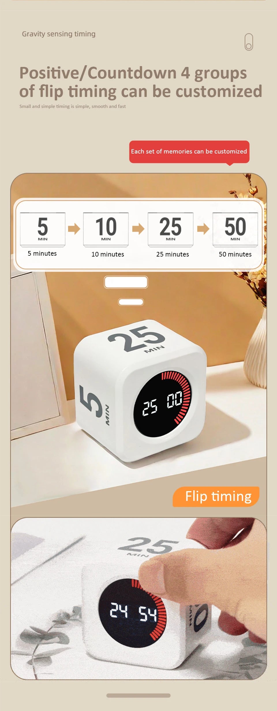 Digital Visual Timer Gravity Sensor Flipping LED Display 4 Preset Time Rechargeable Mini Cube Timer for Cooking Study Shower