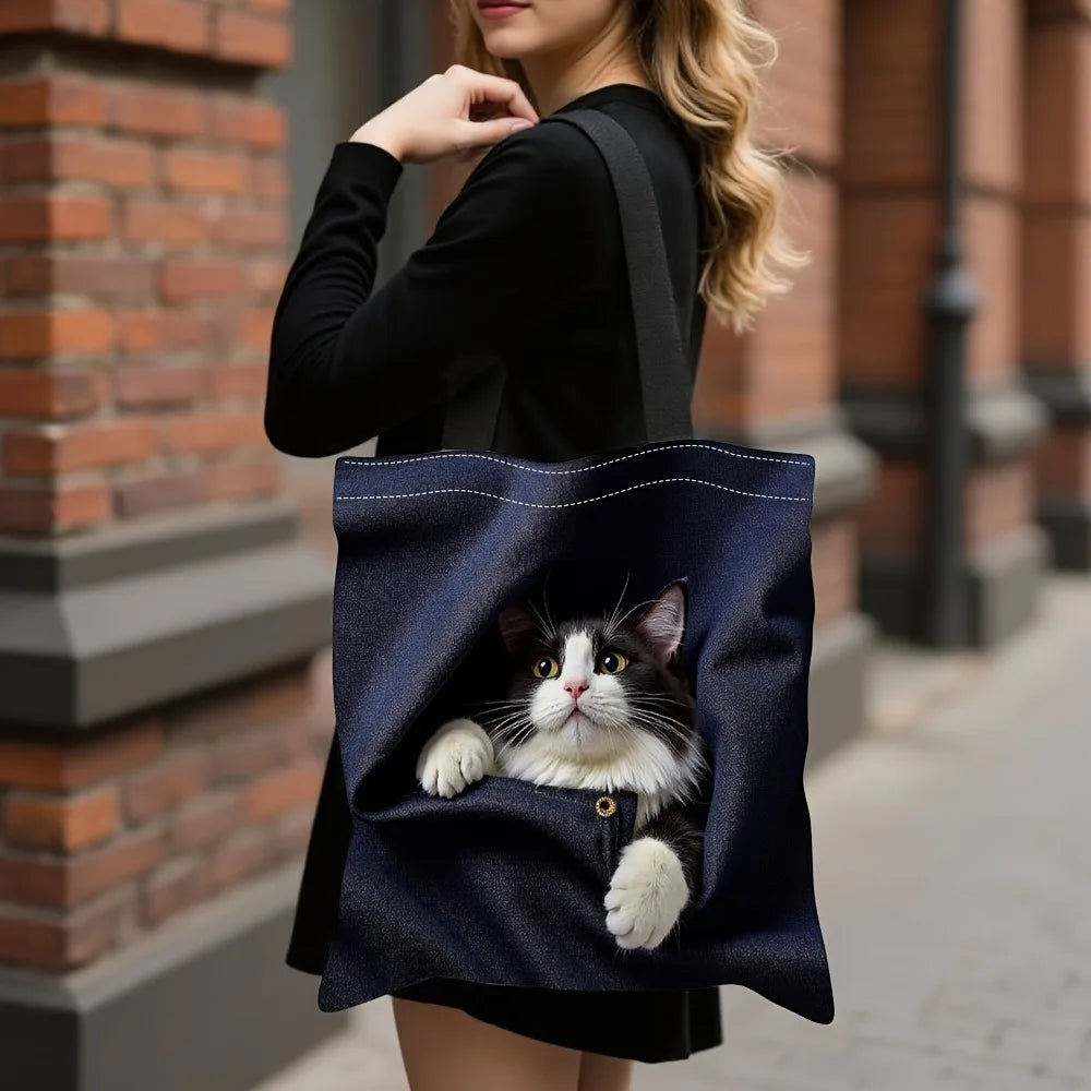 Chihuahua Peeking Out of Pocket Pattern Handbag Cute Cat Tote Bags for Shopping, Working School Sport Traveling Shoulder Bag