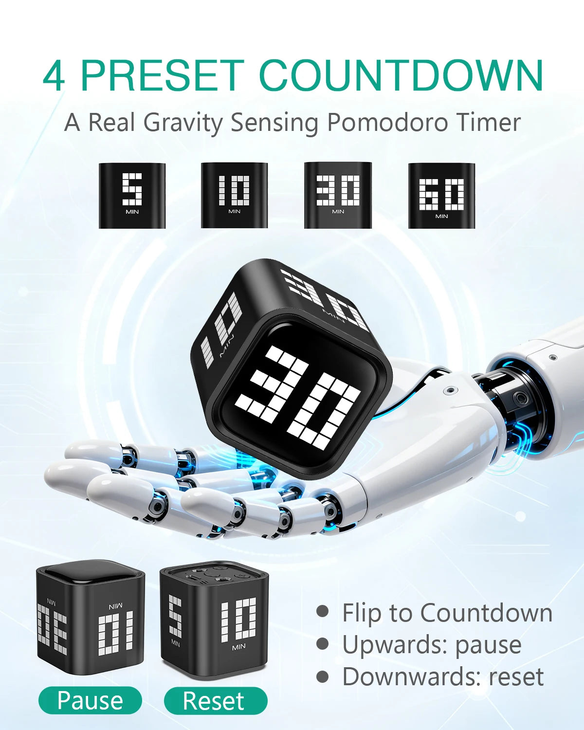 Flip Motion Digital Timer, 3 Mode Loud/Vibrate/Silent Countdown Timer, USB-C Rechargeable, for Kitchen Study Workout ADHD Focus