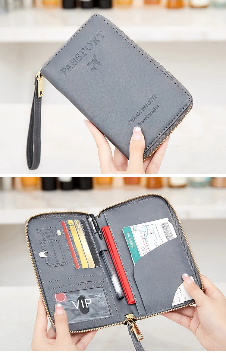 RFID Blocking Passport Holder Travel Wallet with Wrist Strap, Multi-Card Pockets & Zipper Closure