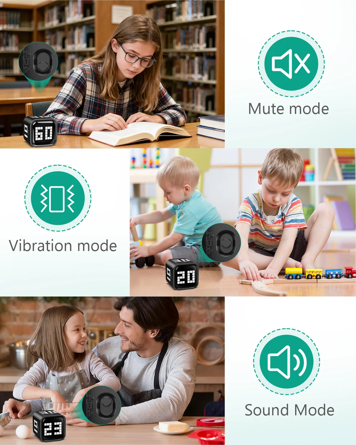 Flip Motion Digital Timer, 3 Mode Loud/Vibrate/Silent Countdown Timer, USB-C Rechargeable, for Kitchen Study Workout ADHD Focus