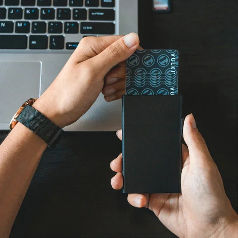 Anti-RFID Blocking Wallet for Men - Smart Metal Pop-Up, Ultra Slim Minimalist Aluminum ID/Bank Card Case