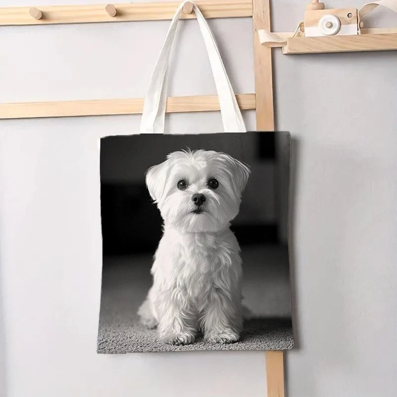 Stylish White Maltese Dog Print Tote Bag Durable Polyester Large Capacity, Comfortable Travel Bag for Women Grocery Shopping Bag