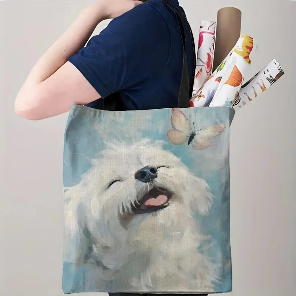Maltese Dog Storage Bags Double-Sided Printed Canvas Tote Bag Eco-Friendly Reusable Large Capacity Handbag