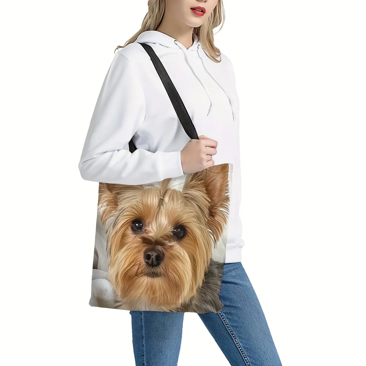 1pc Adorable Yorkshire Dog Print Tote Bag Animal Theme Polyester Reusable Shopping Shoulder Bag with Heart Detail Travel Handbag