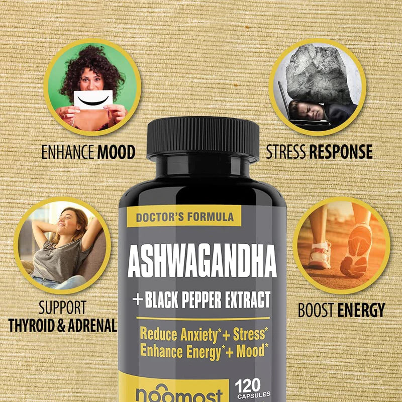 Ashwagandha Capsules, Pure Ashwagandha Root Powder & Black Pepper Extract Helps Natural Anxiety Relief for Adrenal Support
