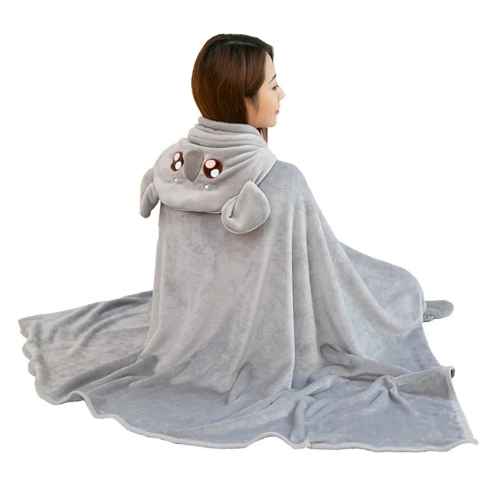 Warm Hooded Nap Blanket Cozy Cartoon Air Conditioning Blanket Folding Comfortable Thermal Blanket Ear Protection