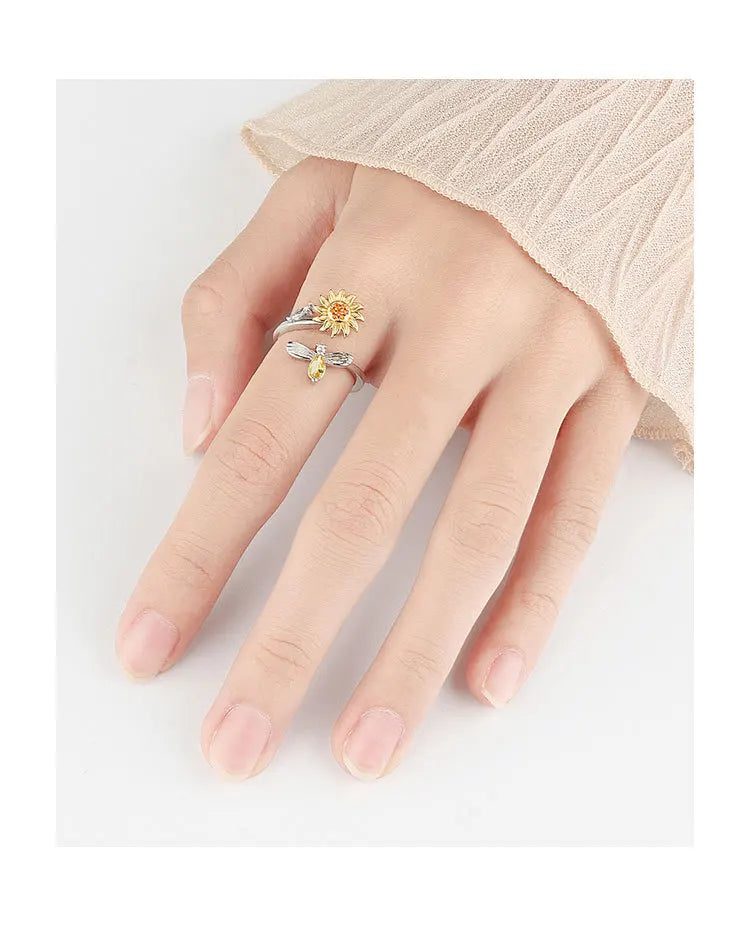 VENTFILLE 925 Sterling Silver Sunflower Diamond Zircon Rotatable Ring For Women Gift Relieve Stress Ring Jewelry Wholesale