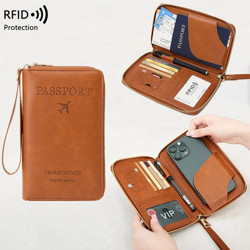 RFID Blocking Passport Holder Travel Wallet with Wrist Strap, Multi-Card Pockets & Zipper Closure