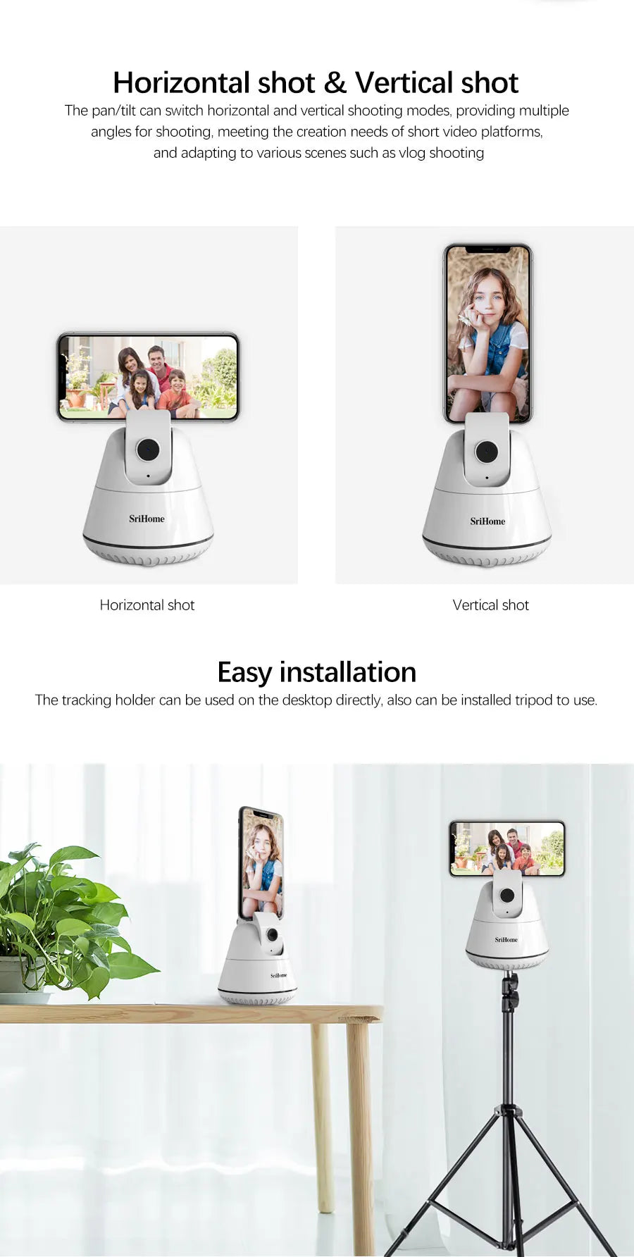 Auto Smart Shooting Selfie Stick  Srihome SH006 Tripod 360° Rotation Auto Face Tracking Object Tracking vlog Camera Phone Holder
