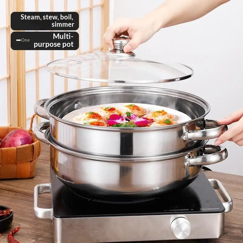 【SSummer10】Stainless Steel Single Double-Layer Steamer Basket - Thickened Pot Steaming Grid Rack for Home Cooking【SS】