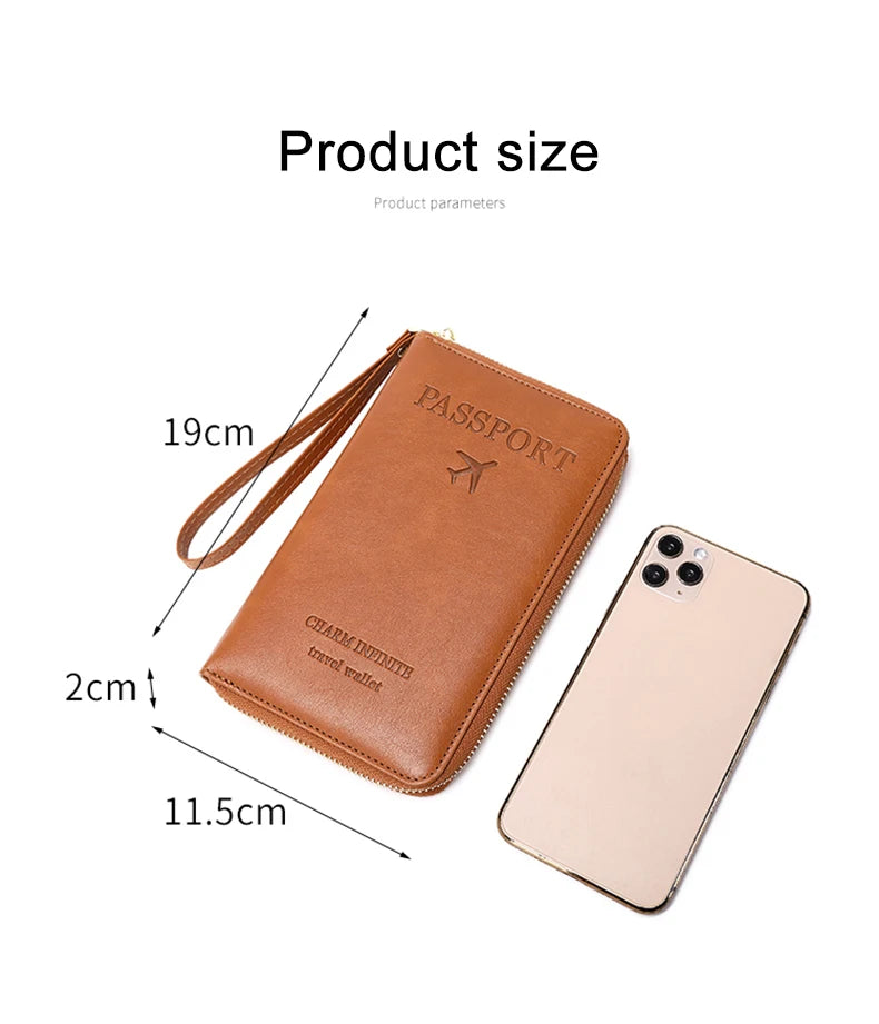 RFID Blocking Passport Holder Travel Wallet with Wrist Strap, Multi-Card Pockets & Zipper Closure