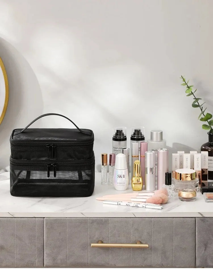 Bathroom Travel Mesh Makeup Storage Bag Cosmetics Make Up Skincare Organizer Box Plastic Container Handbag For Women Men