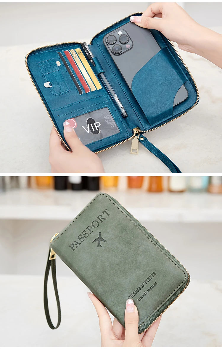 RFID Blocking Passport Holder Travel Wallet with Wrist Strap, Multi-Card Pockets & Zipper Closure